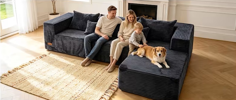 IMHome Boneless L-Shaped Sofa in black corduroy